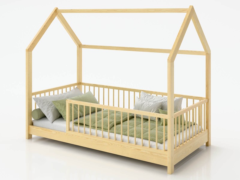 Detská posteľ DOMČEK 80x160 so zábradlím a roštom, borovica D9
