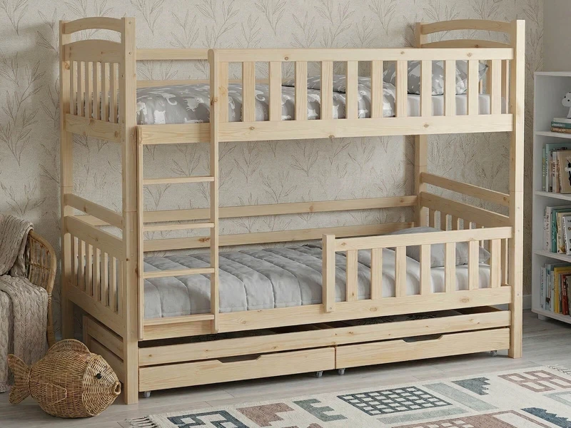 Drevená poschodová posteľ pre 3 osoby so zásuvkami P3S 90x200 borovica