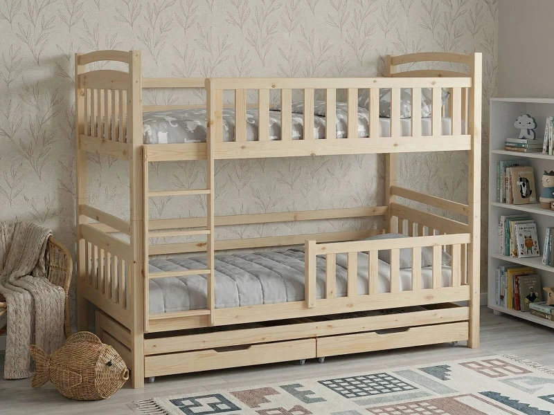 Drevená poschodová posteľ pre 3 osoby so zásuvkami P3S 90x200 borovica