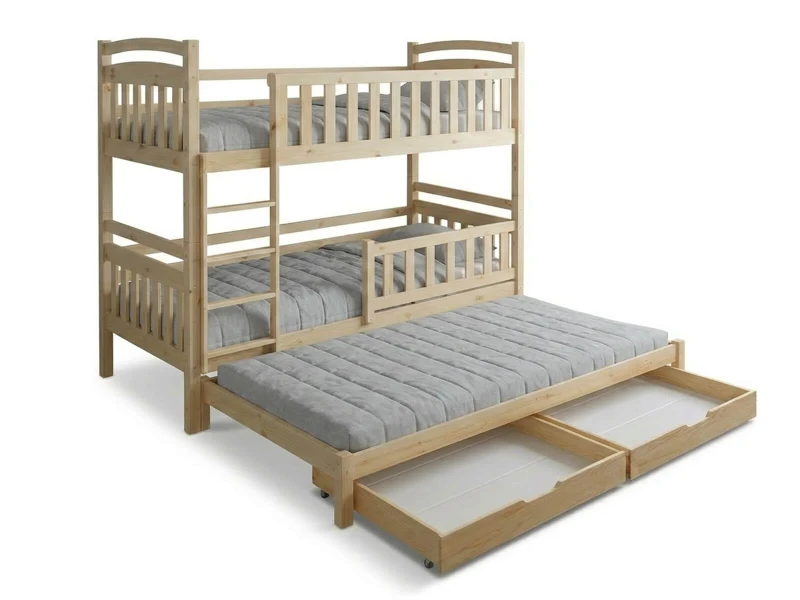 Drevená poschodová posteľ pre 3 osoby so zásuvkami P3S 90x200 borovica