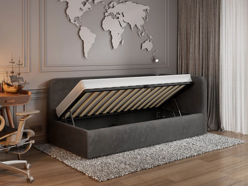 Jednolôžková čalúnená pohovka 90x200 s kontajnerom a rámom Bluvel 18 Grafitová Leo