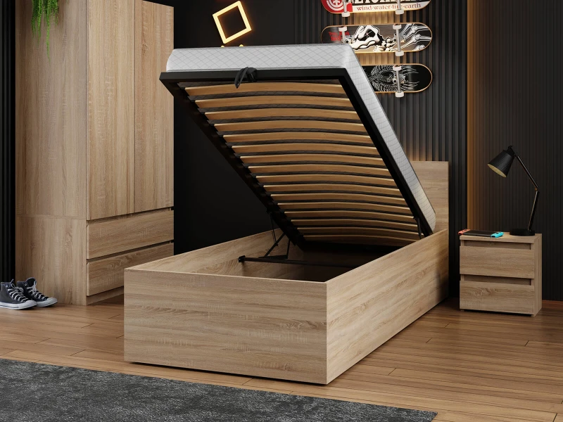 Posteľ DM1 90x200 Sonoma s roštom a úložným priestorom