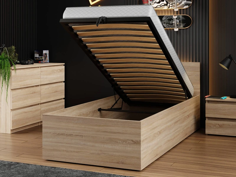 Posteľ DM1 90x200 Sonoma s roštom a úložným priestorom