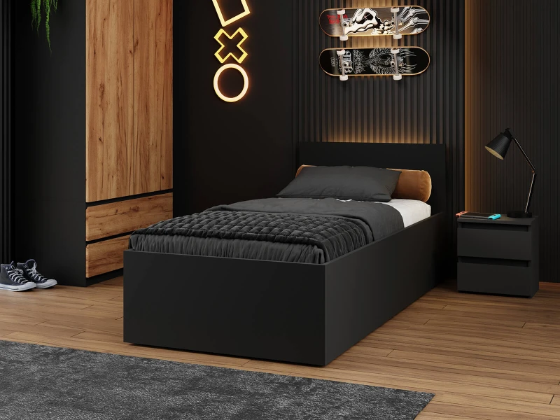 Posteľ DM1 90x200 Čierna s roštom a úložným priestorom
