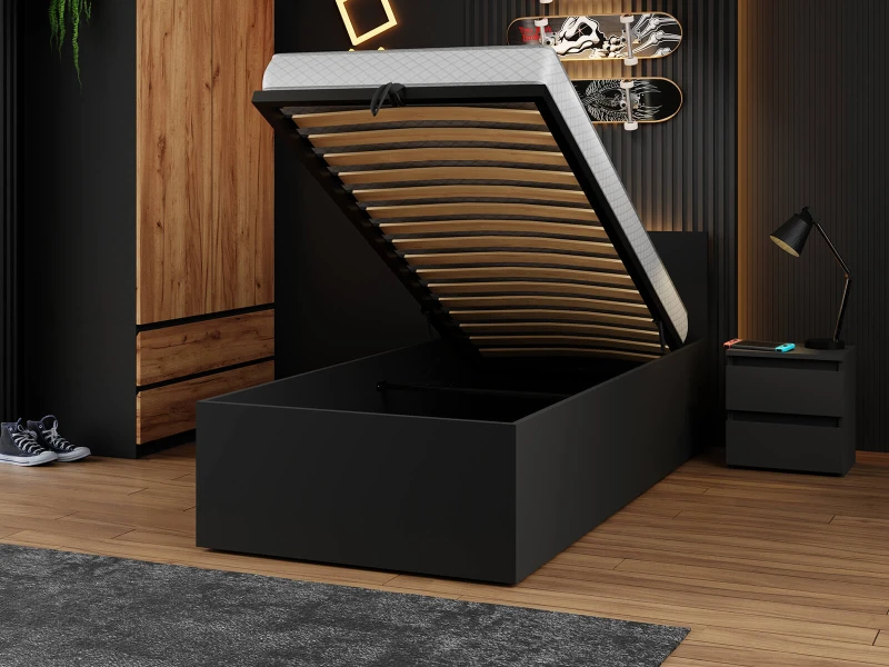Posteľ DM1 90x200 Čierna s roštom a úložným priestorom