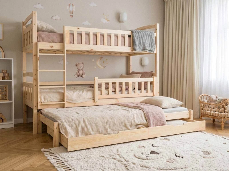Drevená poschodová posteľ pre 3 osoby so zásuvkami P3S 90x200 borovica