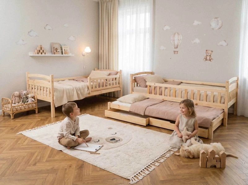 Drevená poschodová posteľ pre 3 osoby so zásuvkami P3S 90x200 borovica