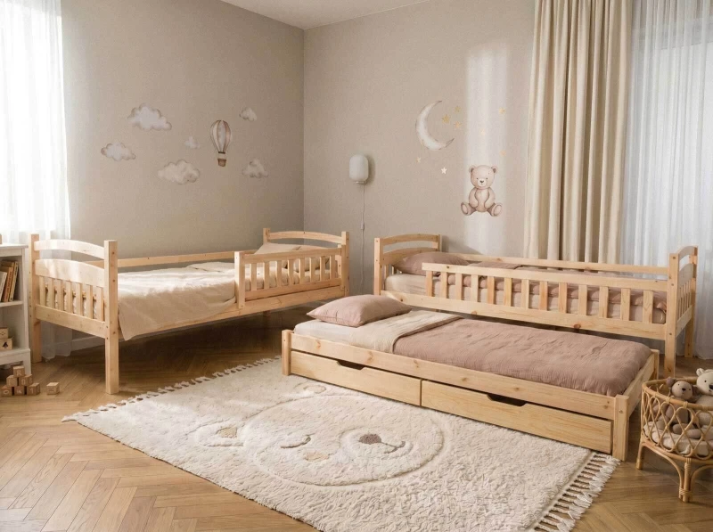 Drevená poschodová posteľ pre 3 osoby so zásuvkami P3S 90x200 borovica
