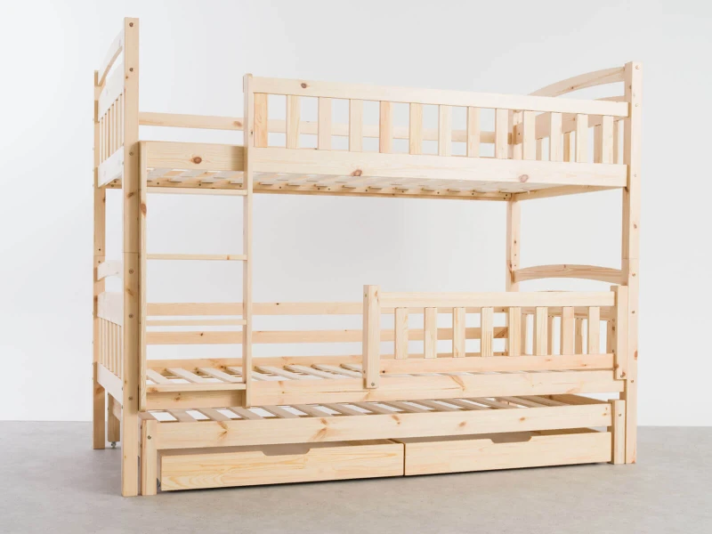 Drevená poschodová posteľ pre 3 osoby so zásuvkami P3S 90x200 borovica