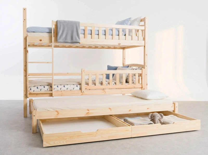 Drevená poschodová posteľ pre 3 osoby so zásuvkami P3S 90x200 borovica