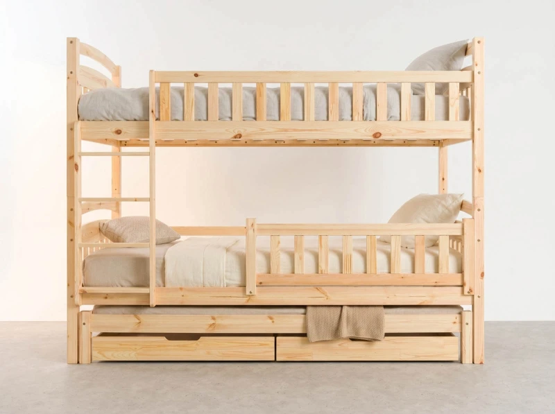 Drevená poschodová posteľ pre 3 osoby so zásuvkami P3S 90x200 borovica