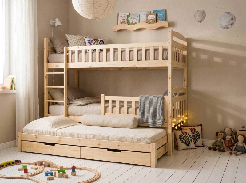 Drevená poschodová posteľ pre 3 osoby so zásuvkami P3S 90x200 borovica