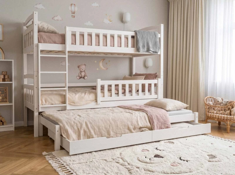 Drevená poschodová posteľ pre 3 osoby so zásuvkami P3S 90x200 biela