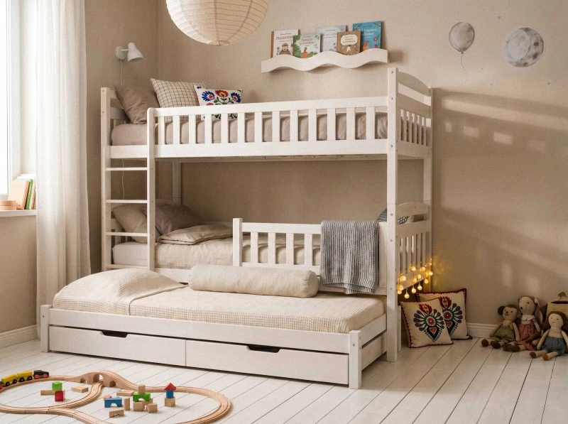 Drevená poschodová posteľ pre 3 osoby so zásuvkami P3S 90x200 biela