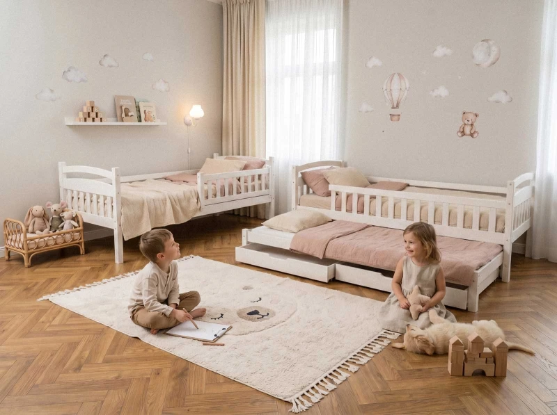 Drevená poschodová posteľ pre 3 osoby so zásuvkami P3S 90x200 biela
