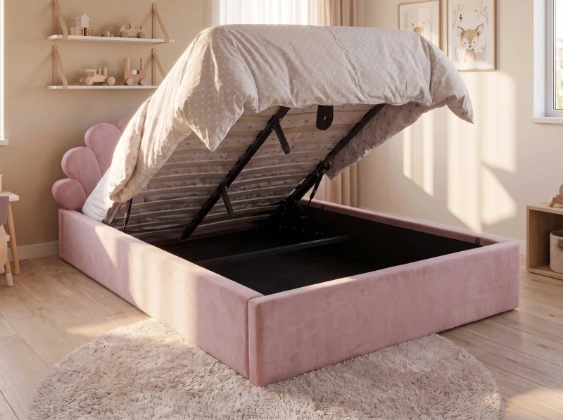 Čalúnená detská posteľ s úložným priestorom 120x200 s roštom, Ružový Velvet Kids Line 3 Mušle