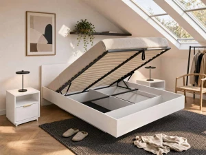 Levitujúca posteľ s úložným priestorom 120x200 z nábytkovej dosky, biely DM2