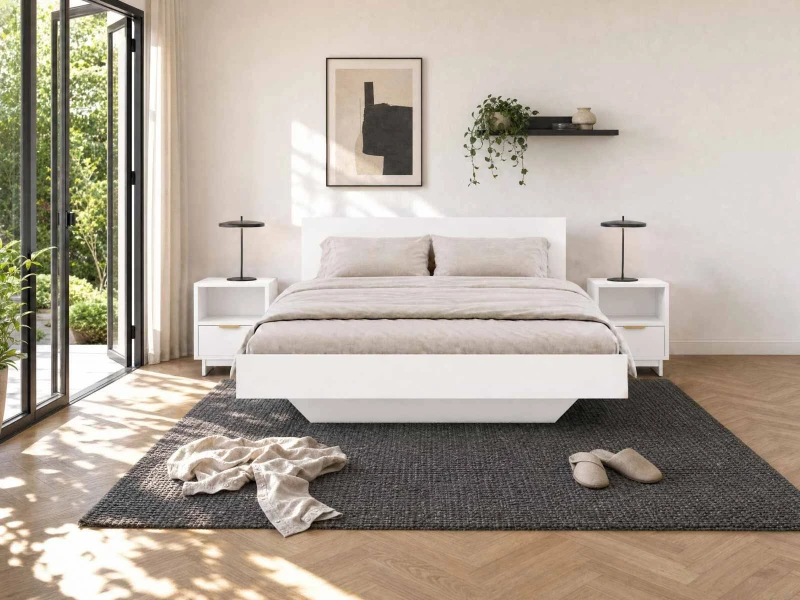 Levitujúca posteľ s úložným priestorom 140x200 z nábytkovej dosky, biely DM2