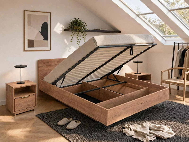 Levitujúca posteľ s úložným priestorom 180x200 z nábytkovej dosky, dub craft DM2