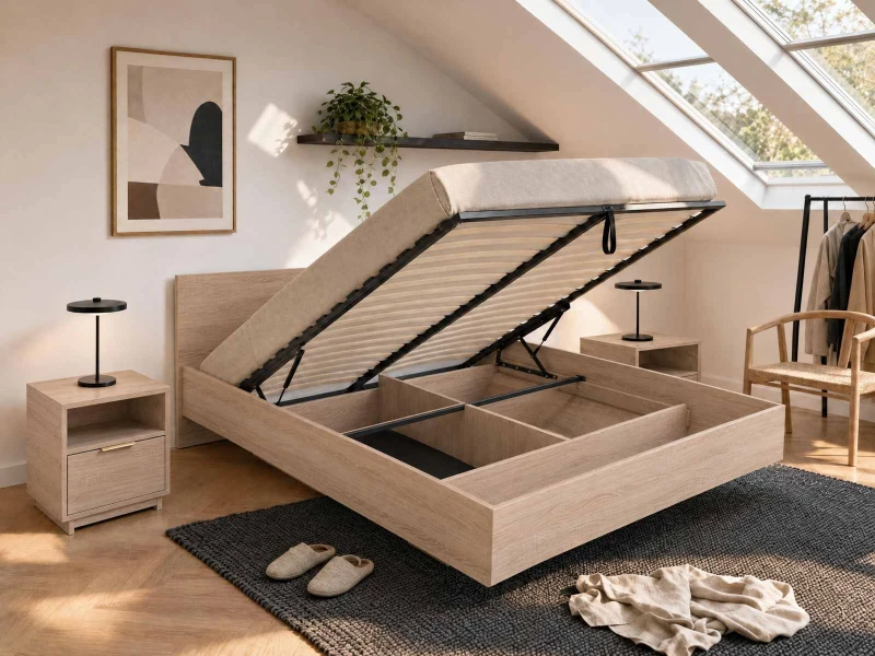 Levitujúca posteľ s úložným priestorom 160x200 z nábytkovej dosky, dub sonoma DM2