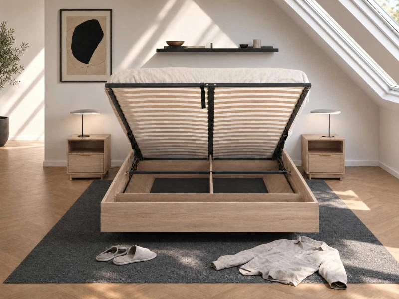 Levitujúca posteľ s úložným priestorom 180x200 z nábytkovej dosky, dub sonoma DM2
