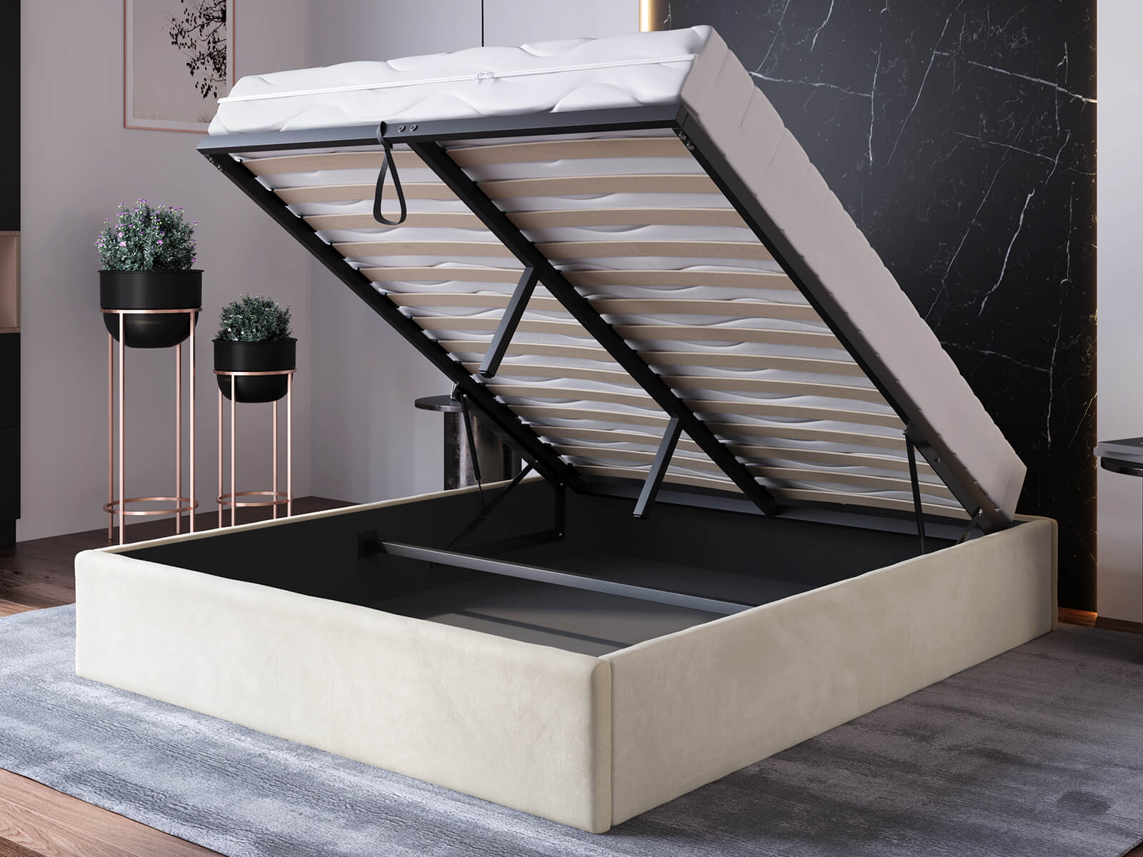 Čalúnená posteľ s úložným priestorom 180x200 bez čela BOX Line Béžová Velvet