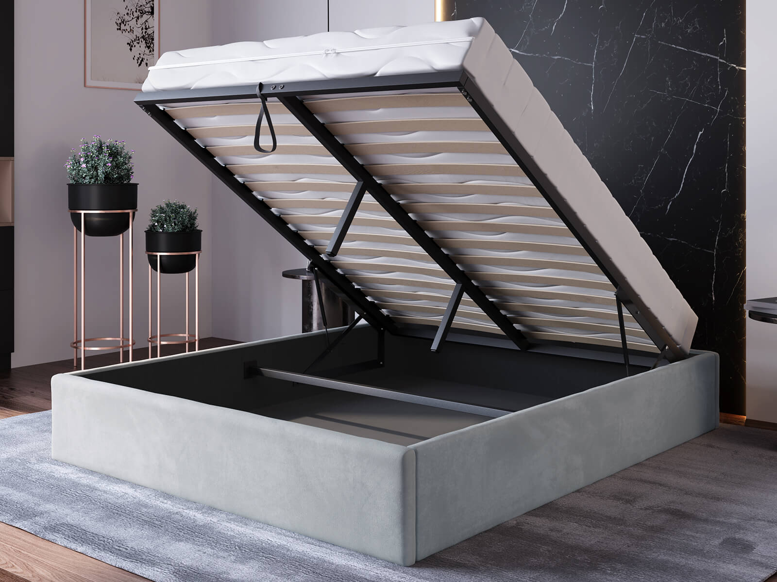 Čalúnená posteľ s úložným priestorom 120x200 bez čela BOX Line Šedá Velvet